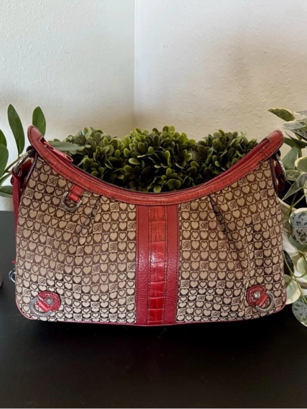 Vintage Brighton Brown Heart Jacquard Shoulder Bag with Red Trim